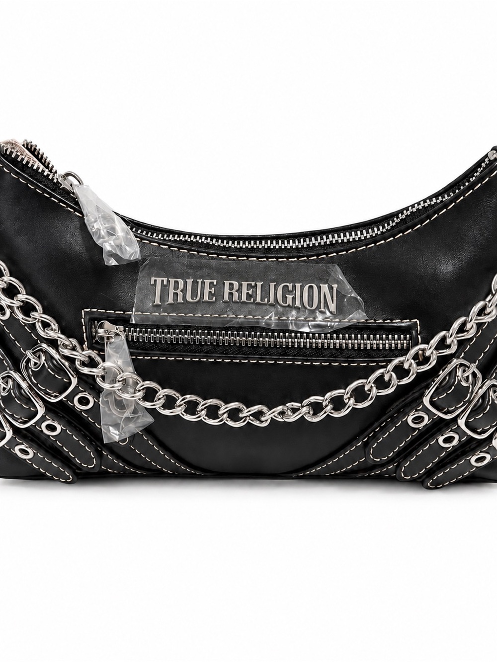 True Religion Black Shoulder Bag with Silver Chain Trim - Picture 3 of 9